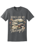 Dark gray t-shirt with 'Books are my Therapy' graphic design on a white background