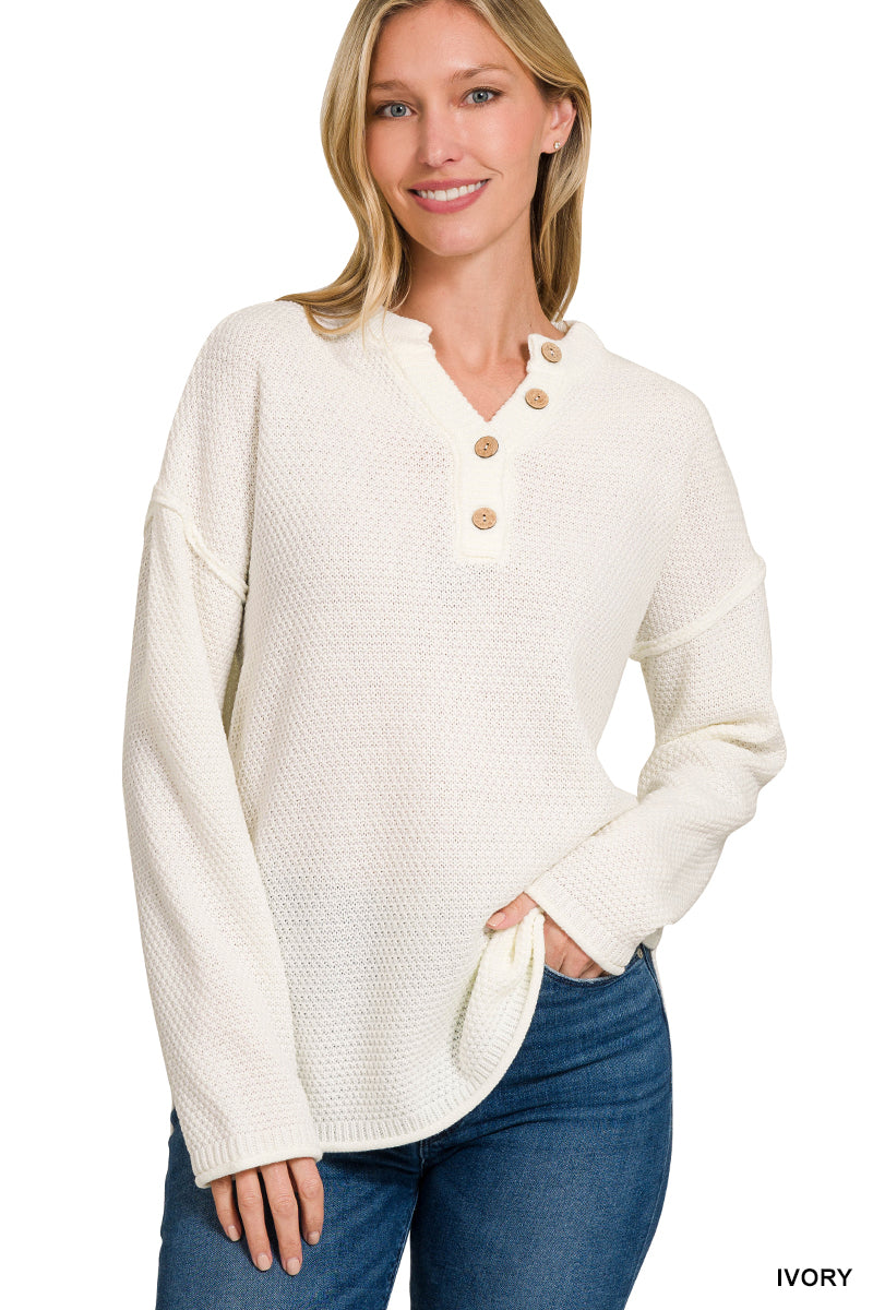 Waffle Knit Button Henley – Ivory