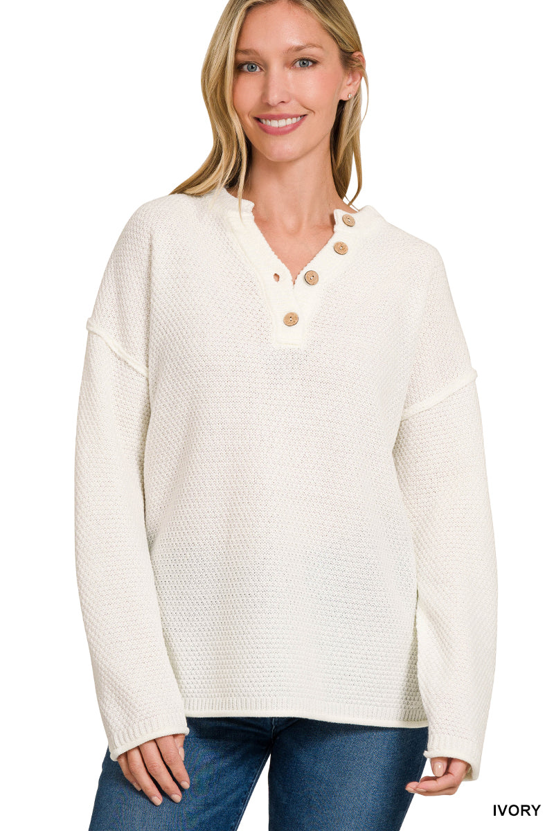 Waffle Knit Button Henley – Ivory